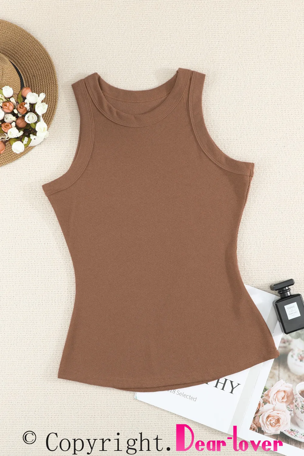 Solid White/Black/Gray/Khaki Round Neck Ribbed Tank Top