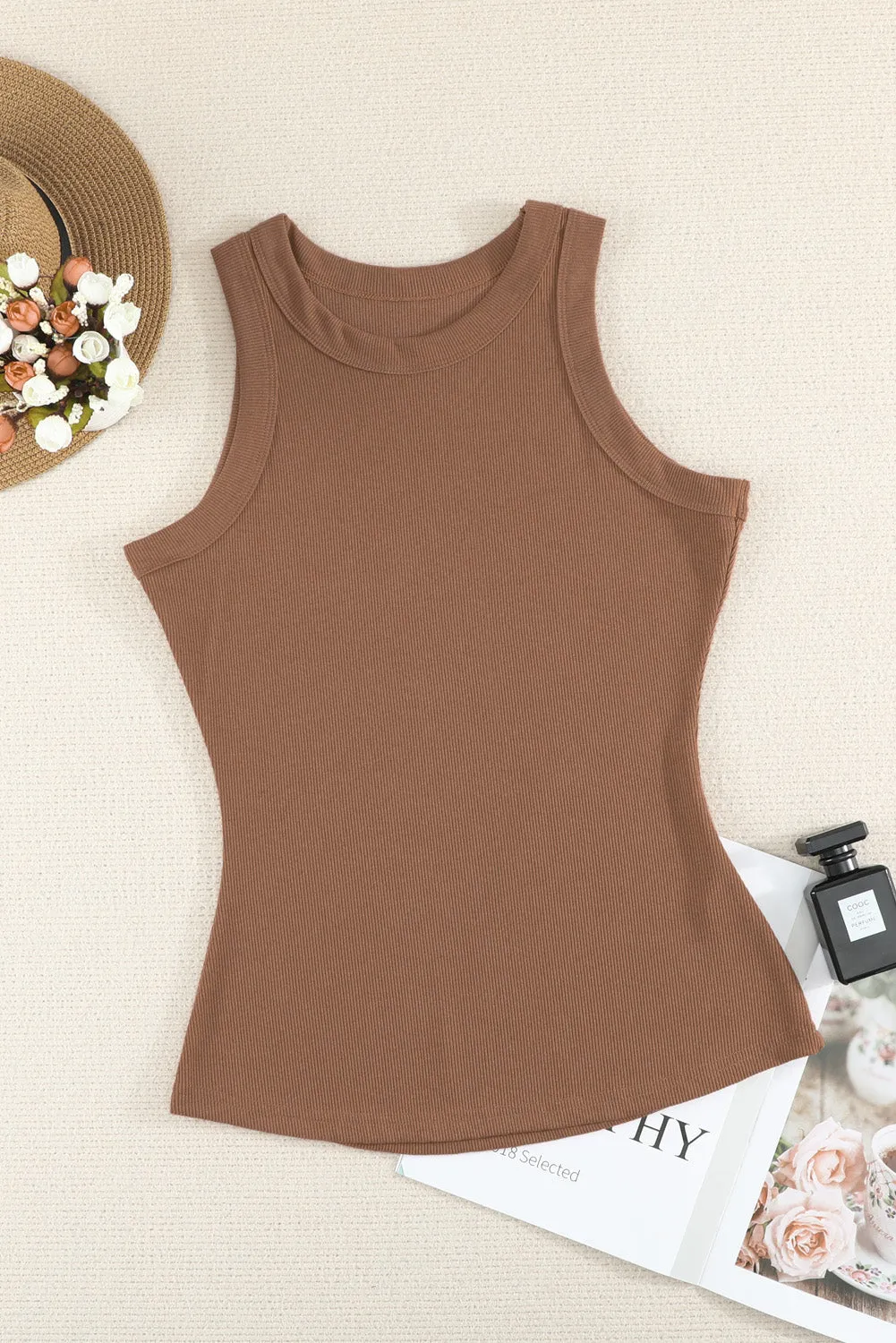 Solid White/Black/Gray/Khaki Round Neck Ribbed Tank Top
