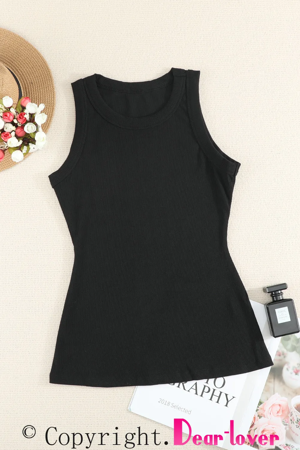 Solid White/Black/Gray/Khaki Round Neck Ribbed Tank Top