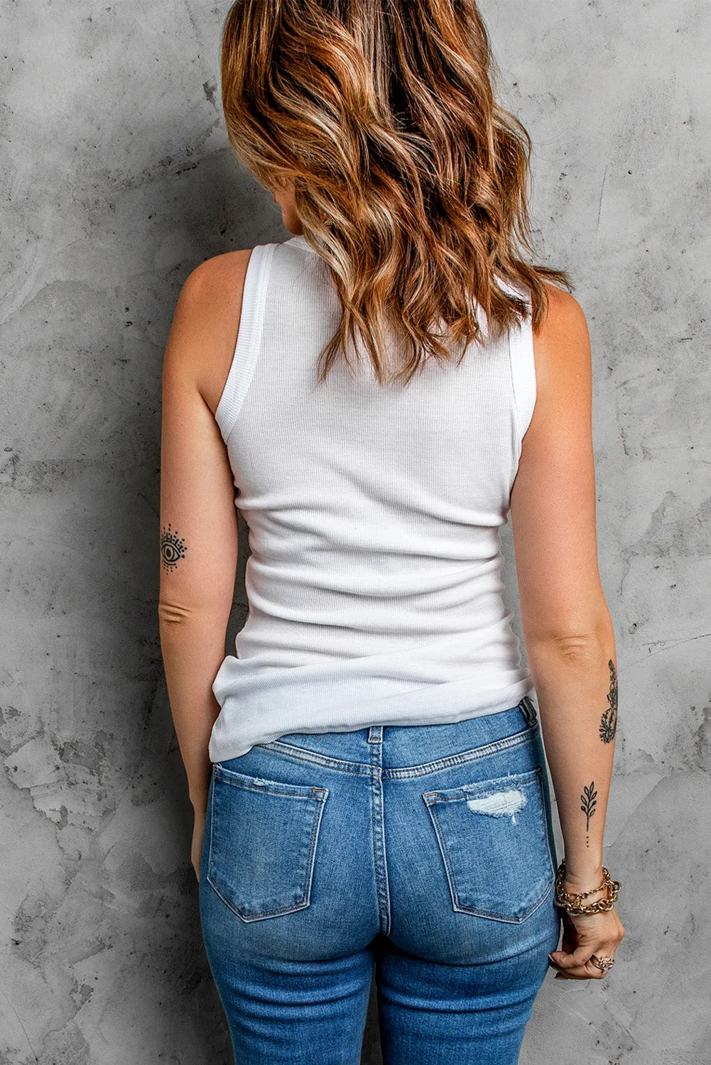 Solid White/Black/Gray/Khaki Round Neck Ribbed Tank Top
