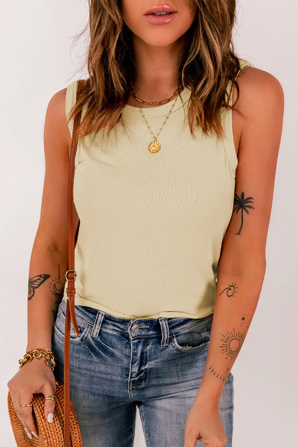 Solid White/Black/Gray/Khaki Round Neck Ribbed Tank Top