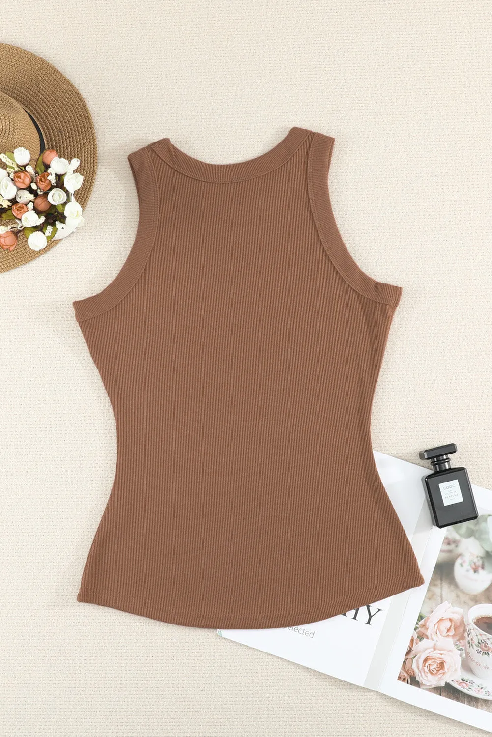 Solid White/Black/Gray/Khaki Round Neck Ribbed Tank Top