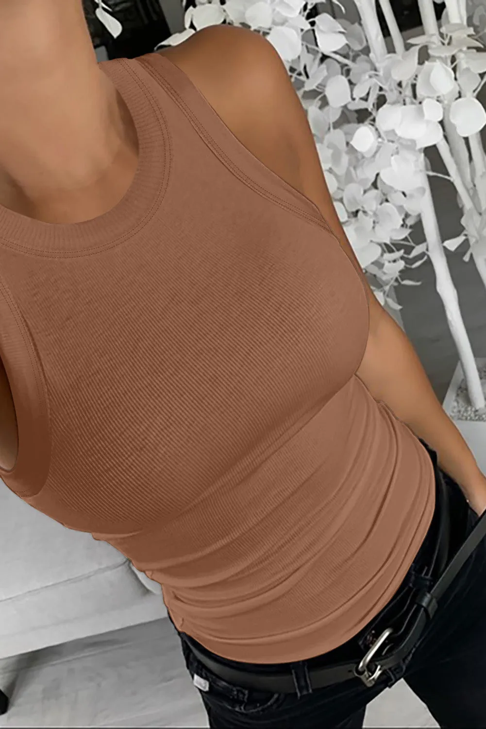 Solid White/Black/Gray/Khaki Round Neck Ribbed Tank Top