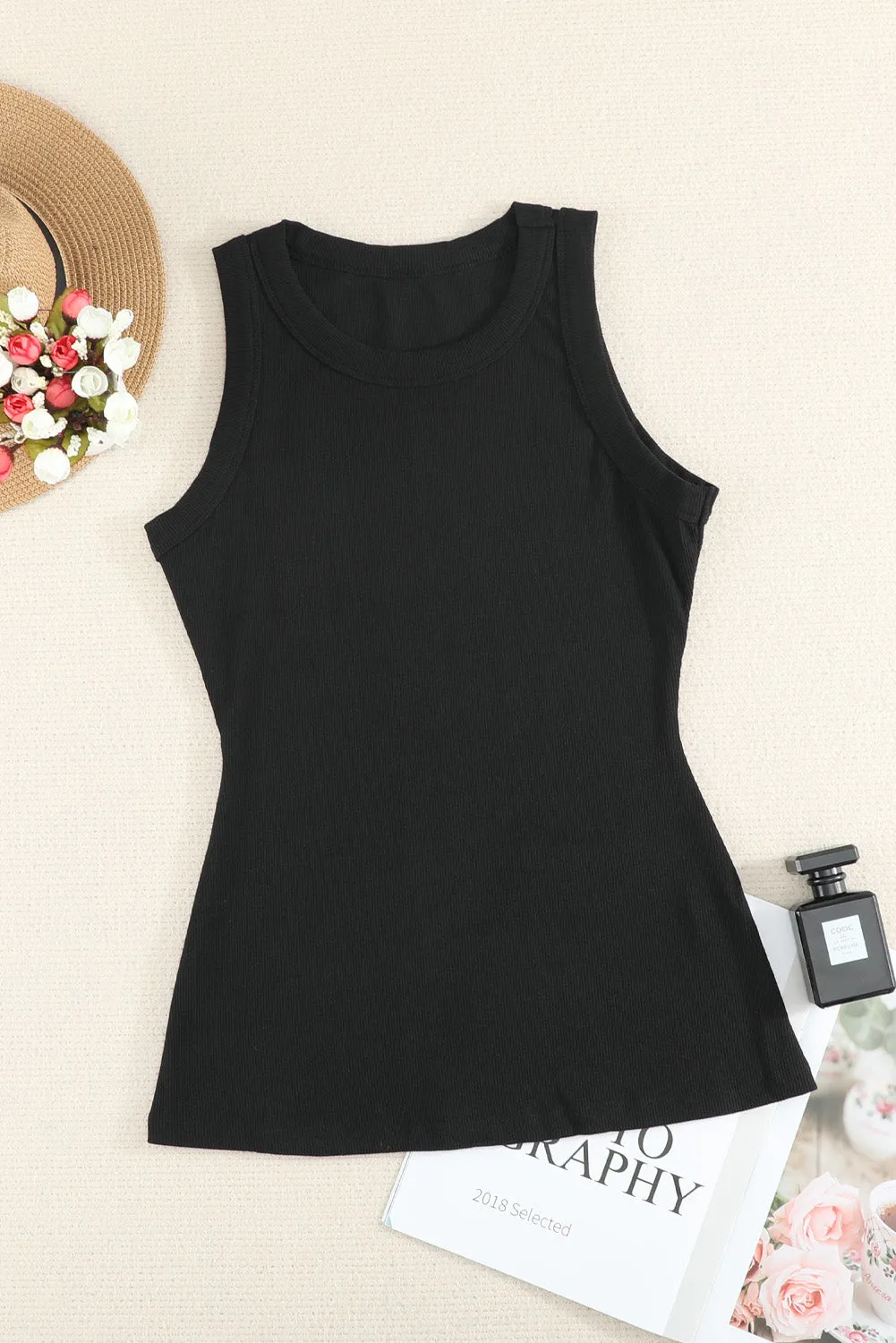 Solid White/Black/Gray/Khaki Round Neck Ribbed Tank Top