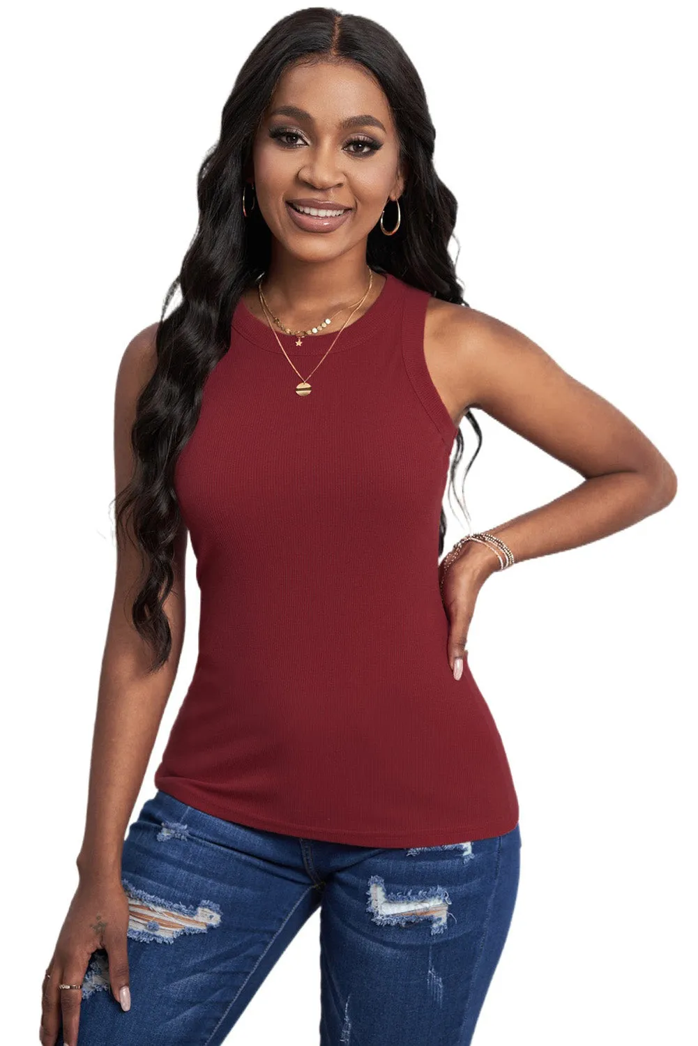 Solid White/Black/Gray/Khaki Round Neck Ribbed Tank Top
