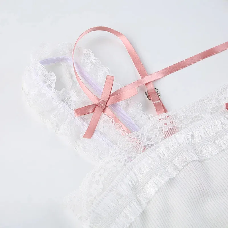 Sweet White Bow Crop Lace Patched Top