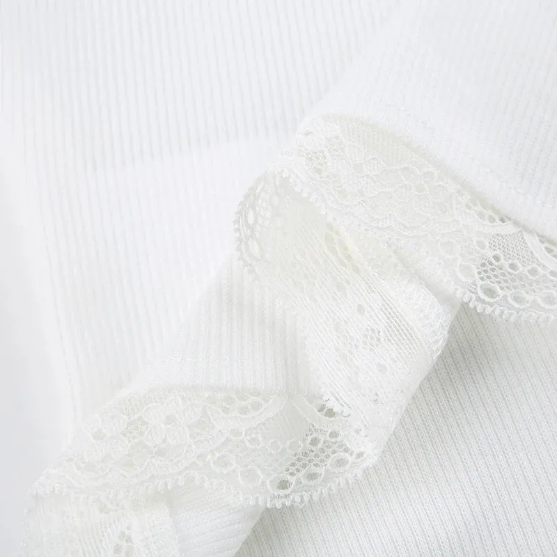 Sweet White Bow Crop Lace Patched Top