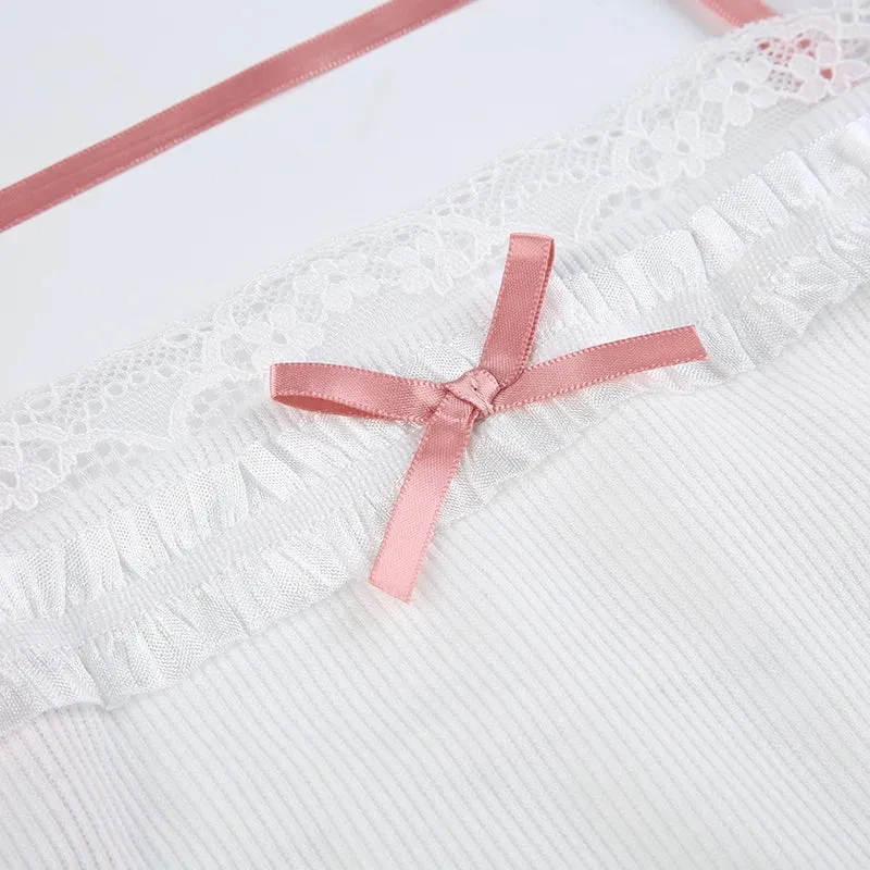 Sweet White Bow Crop Lace Patched Top