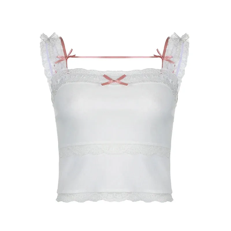 Sweet White Bow Crop Lace Patched Top
