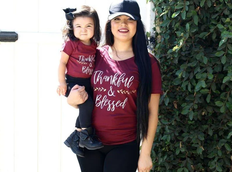 Thankful & Blessed Matching Maroon Tees