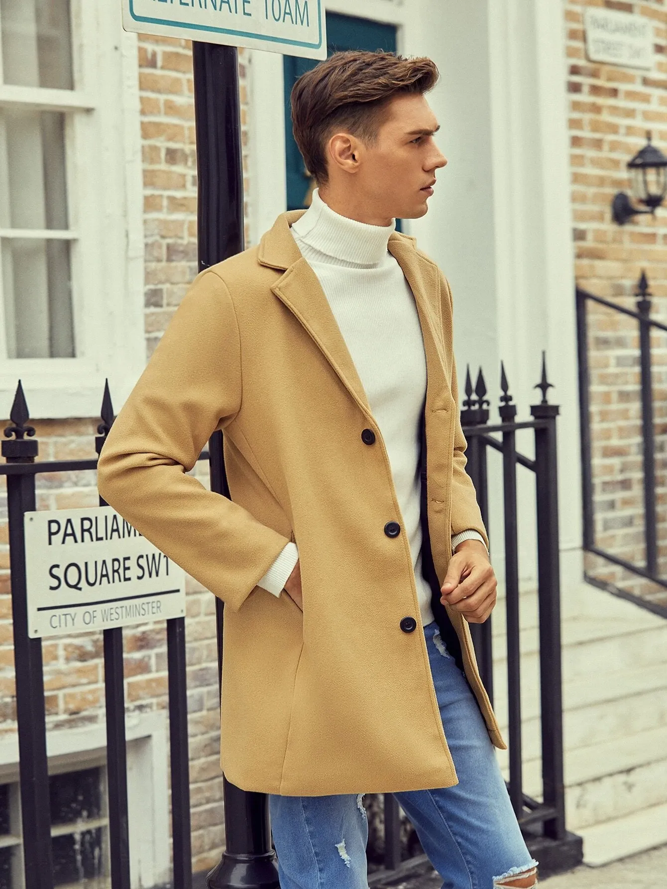 Through Lapel Collar Coat in Camel
