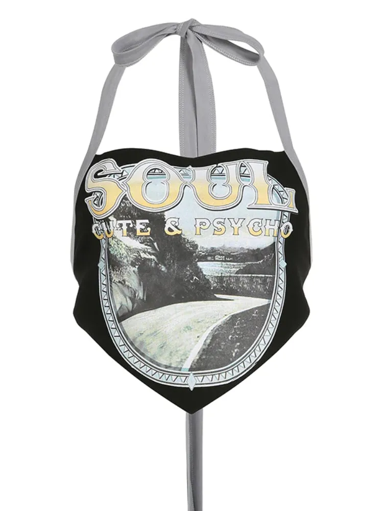 Vintage Black Graphic Printed Halter Top