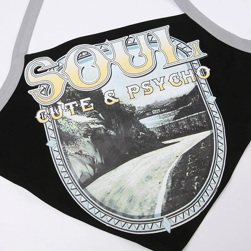 Vintage Black Graphic Printed Halter Top