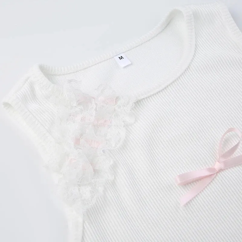 White Lace Spliced Tie Up Bow Short Top