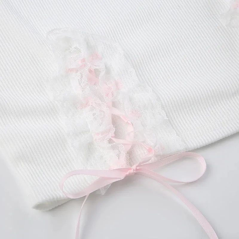 White Lace Spliced Tie Up Bow Short Top