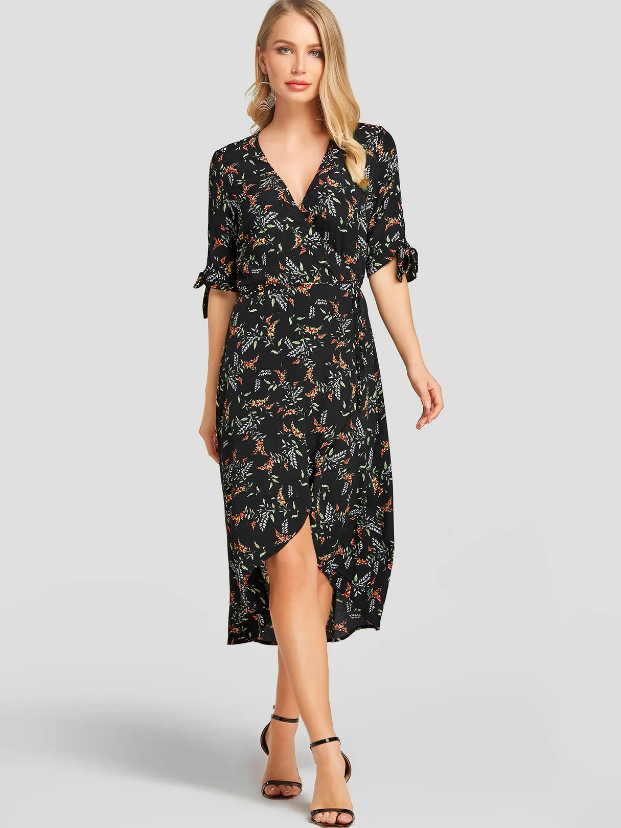 Wholesale Black Deep V Neck Half Sleeve Floral Print Self-Tie Wrap Irregular Hem Dresses