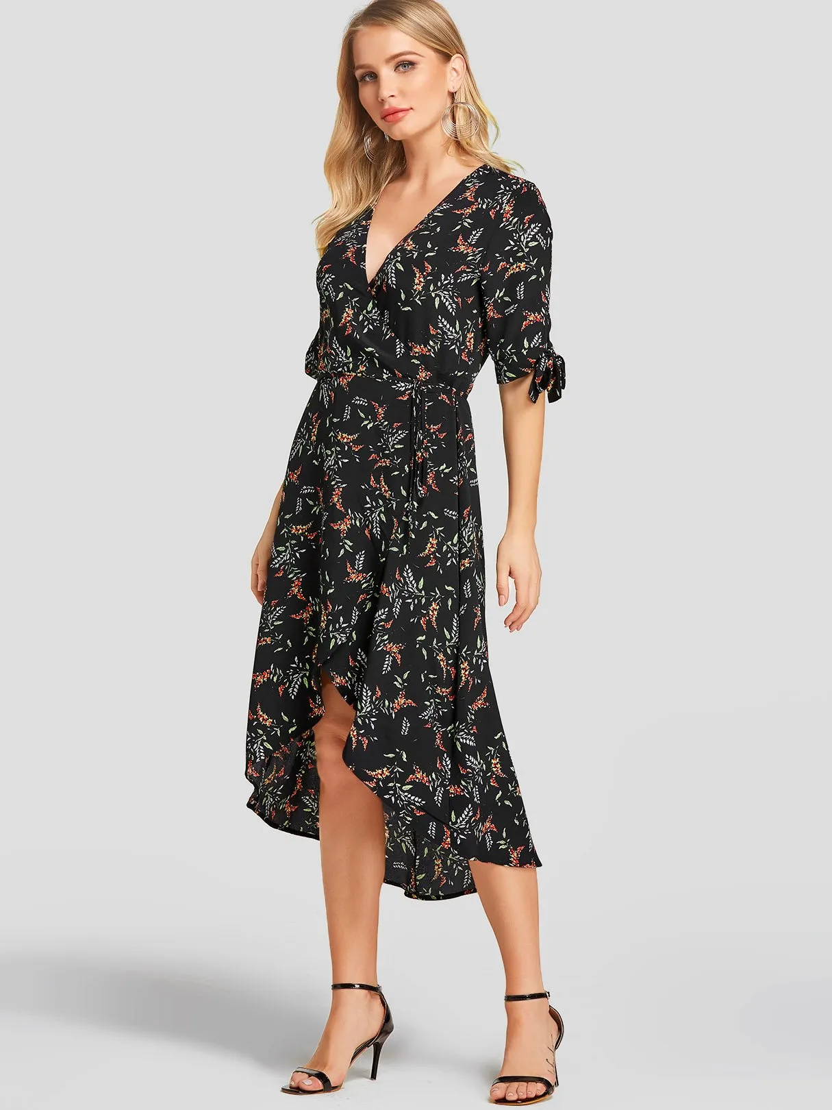 Wholesale Black Deep V Neck Half Sleeve Floral Print Self-Tie Wrap Irregular Hem Dresses