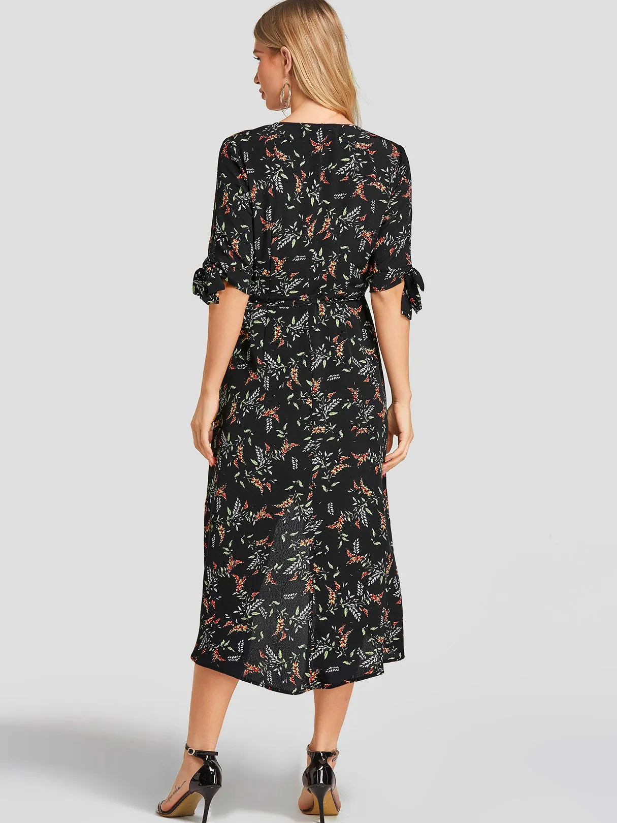 Wholesale Black Deep V Neck Half Sleeve Floral Print Self-Tie Wrap Irregular Hem Dresses