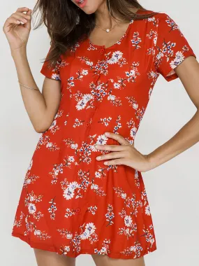Wholesale Scoop Neck Floral Print Short Sleeve Dresses