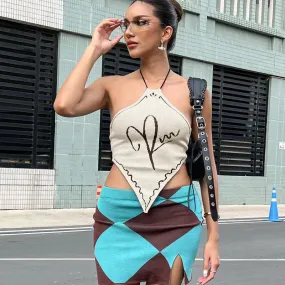 Wjczt Crop Tops Sexy Y2K Clothes Lace Up Sleeveless Backless Halter Vintage Streetwear Summer Women Knitted Vacation Festival