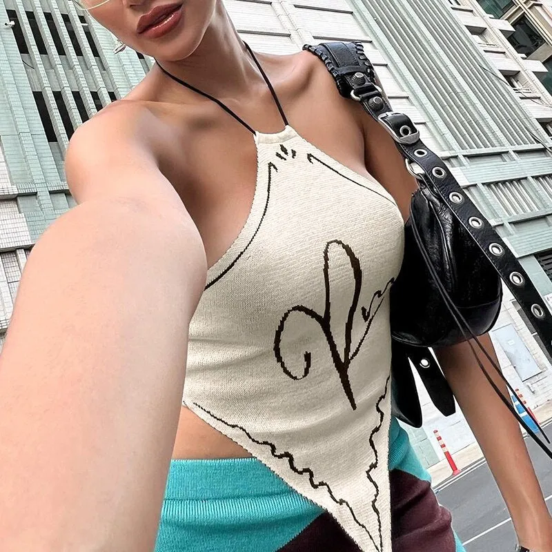 Wjczt Crop Tops Sexy Y2K Clothes Lace Up Sleeveless Backless Halter Vintage Streetwear Summer Women Knitted Vacation Festival
