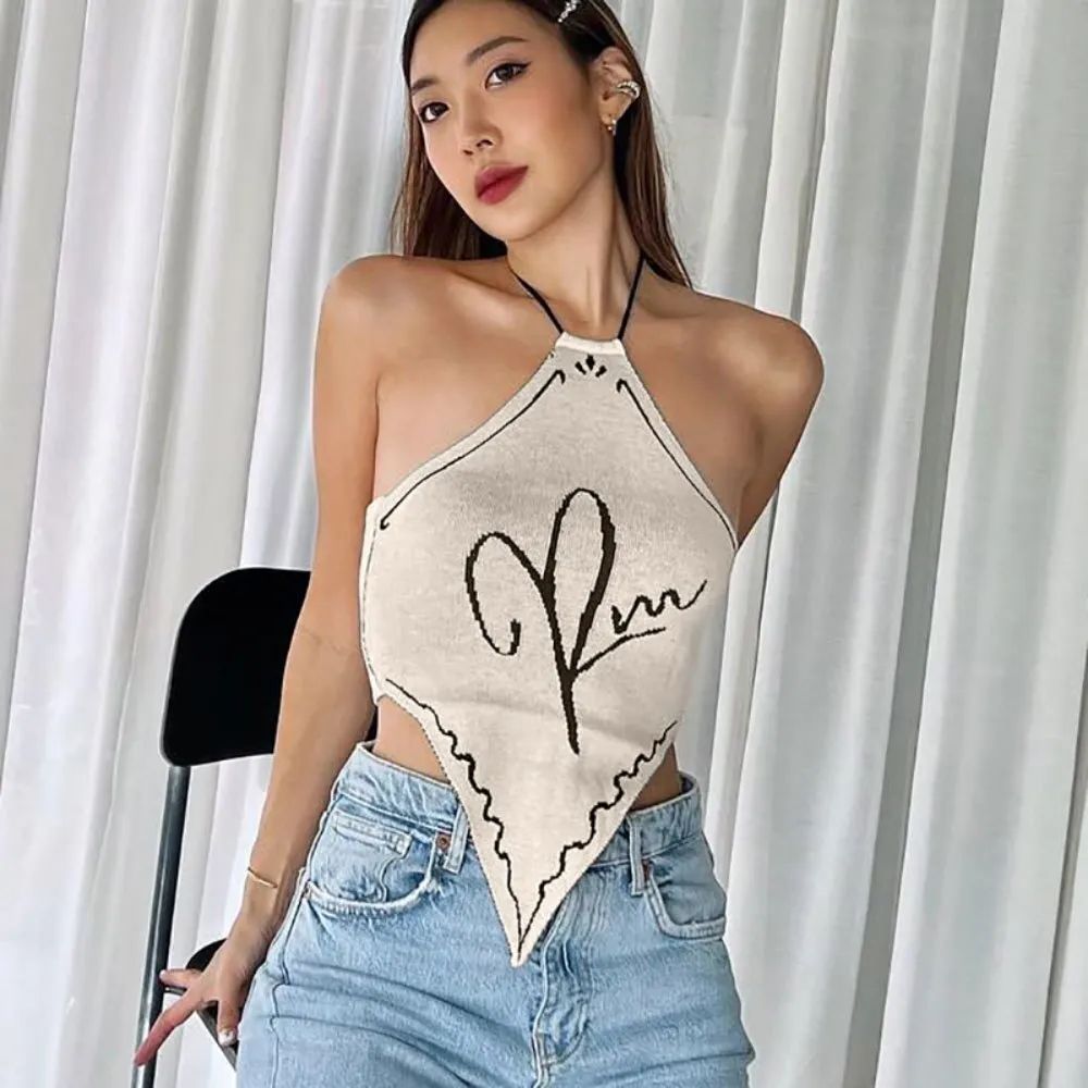 Wjczt Crop Tops Sexy Y2K Clothes Lace Up Sleeveless Backless Halter Vintage Streetwear Summer Women Knitted Vacation Festival