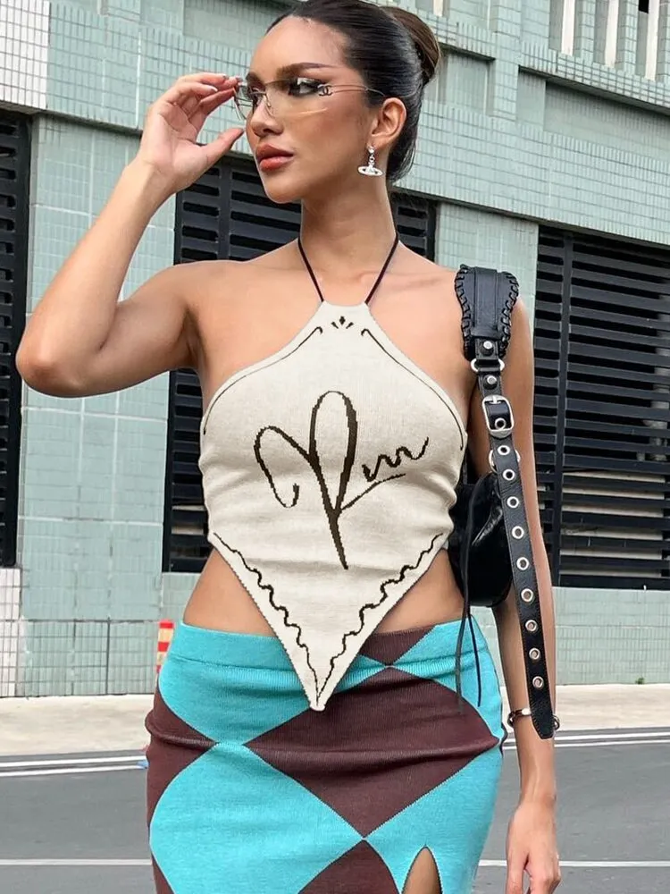 Wjczt Crop Tops Sexy Y2K Clothes Lace Up Sleeveless Backless Halter Vintage Streetwear Summer Women Knitted Vacation Festival