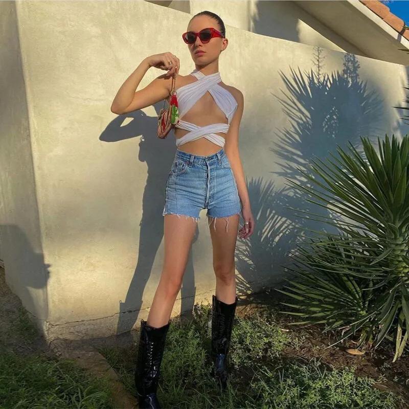 Wjczt Sleeveless Solid Corset Bandage Halter Patchwork Women Tops Hollow Out Sexy Tank Top Spring Summer Y2k Clothes Blouses
