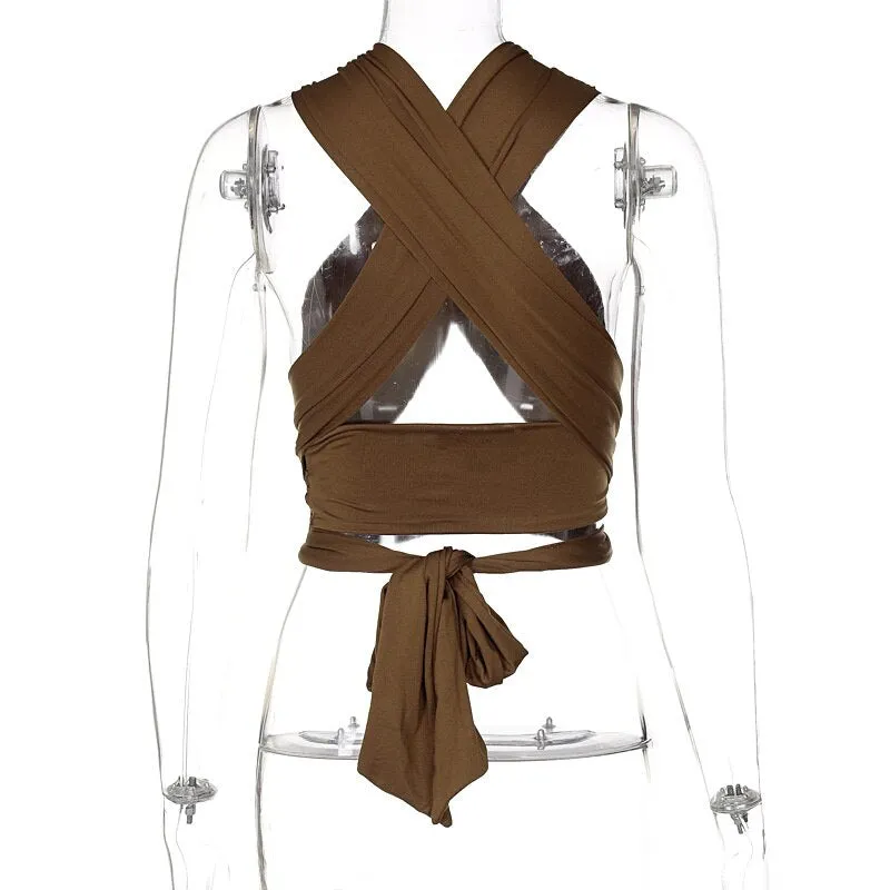 Wjczt Sleeveless Solid Corset Bandage Halter Patchwork Women Tops Hollow Out Sexy Tank Top Spring Summer Y2k Clothes Blouses