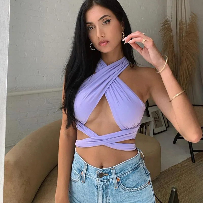 Wjczt Sleeveless Solid Corset Bandage Halter Patchwork Women Tops Hollow Out Sexy Tank Top Spring Summer Y2k Clothes Blouses