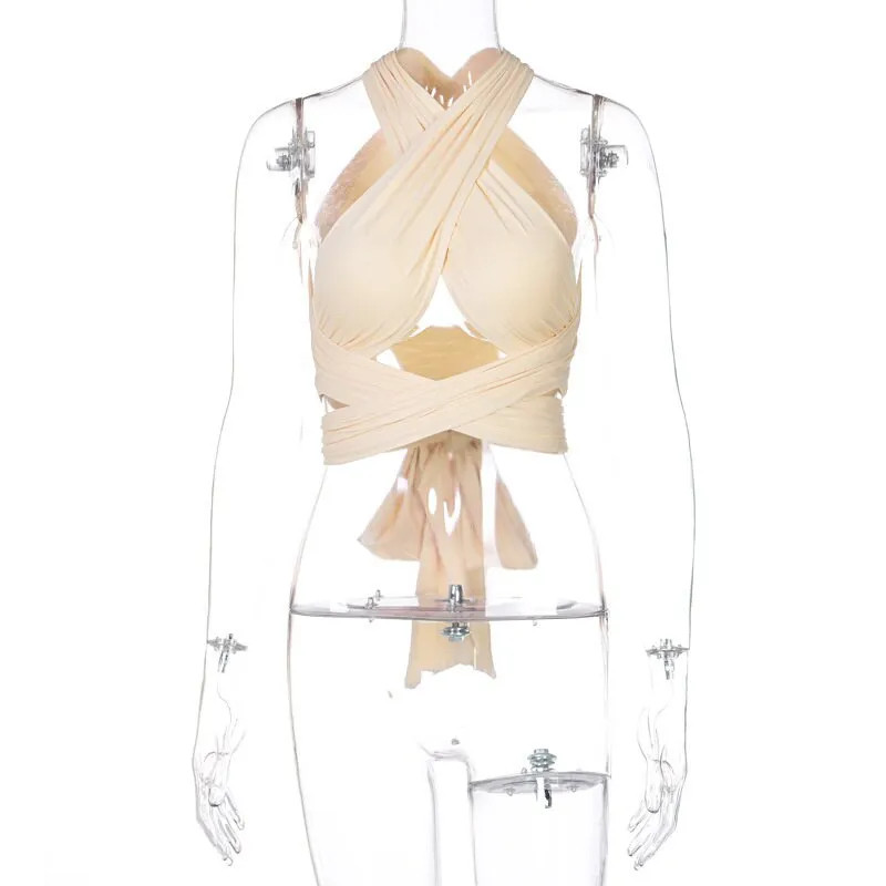 Wjczt Sleeveless Solid Corset Bandage Halter Patchwork Women Tops Hollow Out Sexy Tank Top Spring Summer Y2k Clothes Blouses