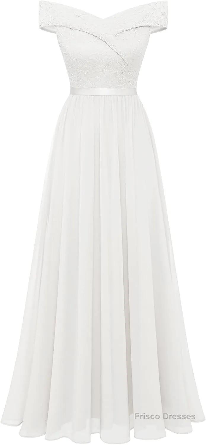 Womens Lace Bridesmaid Dress A-Line Off Shoulder Floral Lace Chiffon Prom Dresses