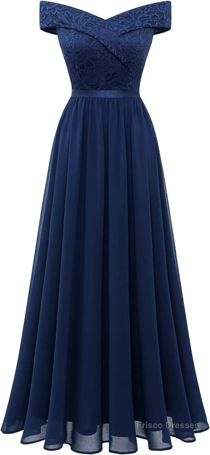 Womens Lace Bridesmaid Dress A-Line Off Shoulder Floral Lace Chiffon Prom Dresses